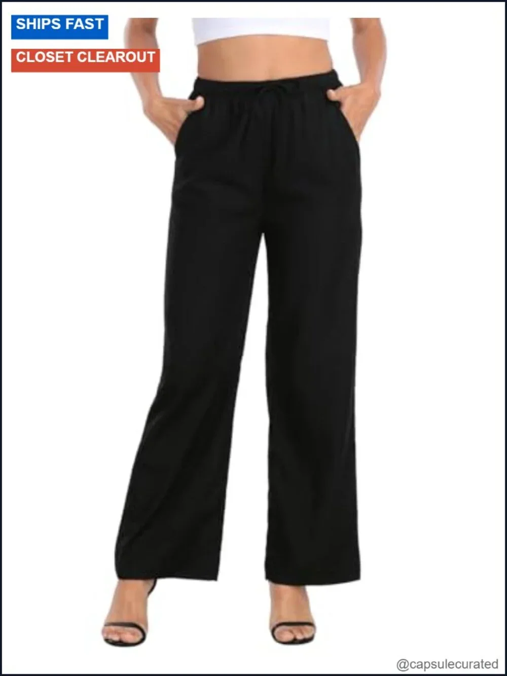 Linen Blend High Waist Wide Leg Pull On Drawstring Pants with Pockets